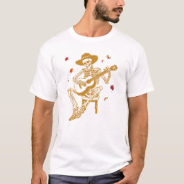 Camiseta Esqueleto Engraçado Tocando Violão com Folhas de o