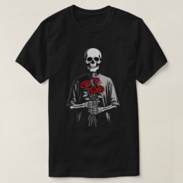 Camiseta Esqueleto Escuro com Buquê de Rosas Vermelhas Bouq