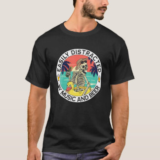 Camiseta Esqueleto Facilmente Distraído Por Música E Cervej