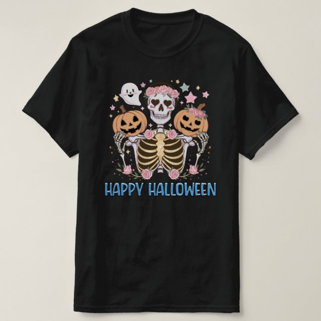 Camiseta Esqueleto Feliz de Halloween (Frente do Design)