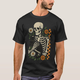 Camiseta Esqueleto Floral Divertido Abraçando Gato Hallowee
