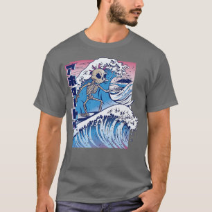 Camiseta Esqueleto Japonês Em Quadrinhos Surfando Na Onda N