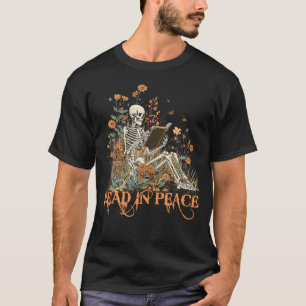 Camiseta Esqueleto Lendo Livro em Paz Livro de Halloween
