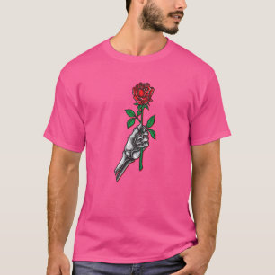 Camiseta Esqueleto Mão Segurando Gráfico da Flor da Rosa ve