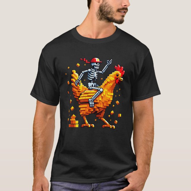 Camiseta Esqueleto Montando Frango Estilo Bloco Pixel Art G (Frente)