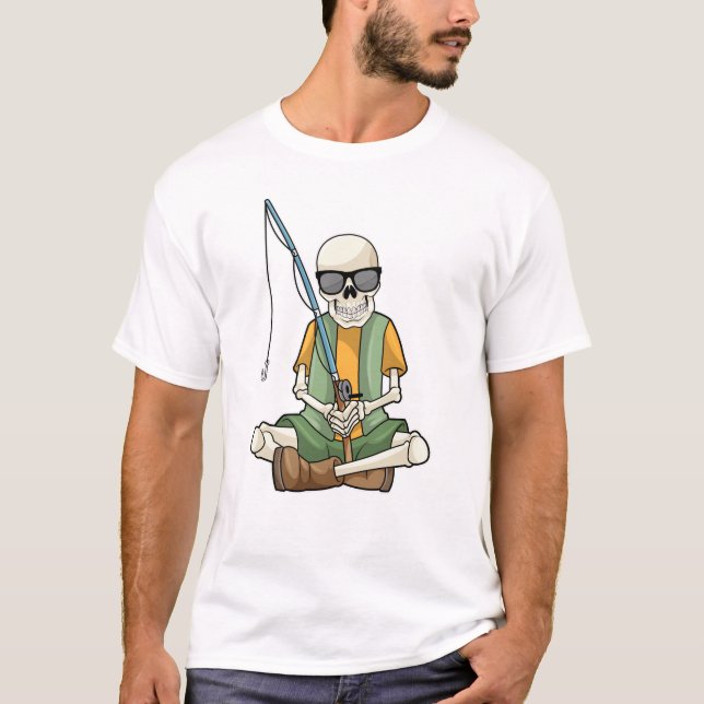 Camiseta Esqueleto na pesca com cana de pesca (Frente)