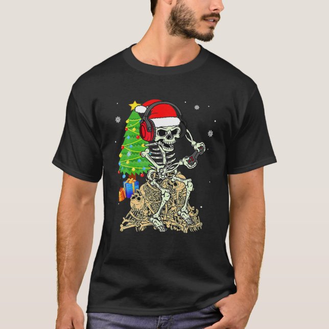 Camiseta Esqueleto Natal Gamer Pajama Xmas Família de Árvor (Frente)