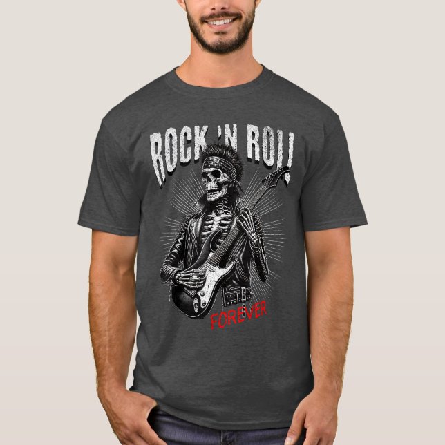 Camiseta Esqueleto para Sempre de Rock and Roll Tocando Gui (Frente)