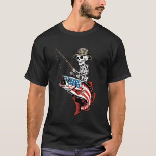 Camiseta Esqueleto Patriótico Pescando Bandeira Americana p