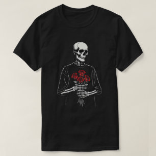 Camiseta Esqueleto segurando rosas vermelhas – Amor Sombrio