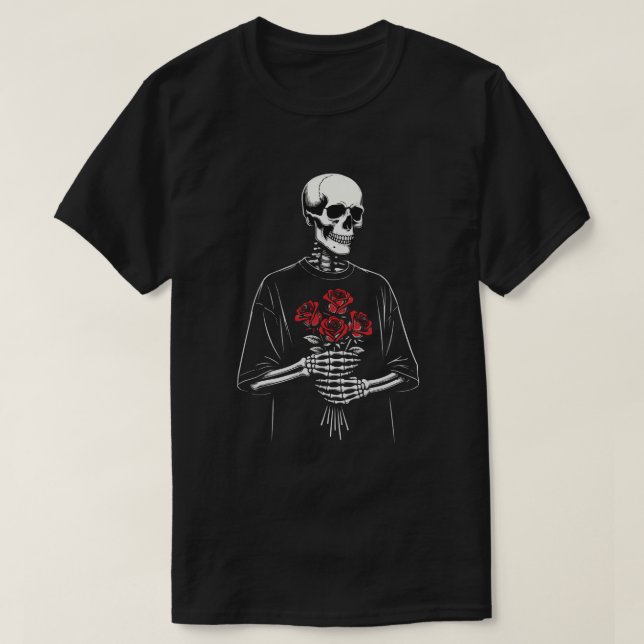 Camiseta Esqueleto segurando rosas vermelhas – Amor Sombrio (Frente do Design)