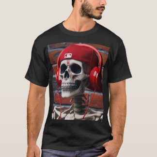 Camiseta Esqueleto T SHIRT vestindo um boné vermelho de bas