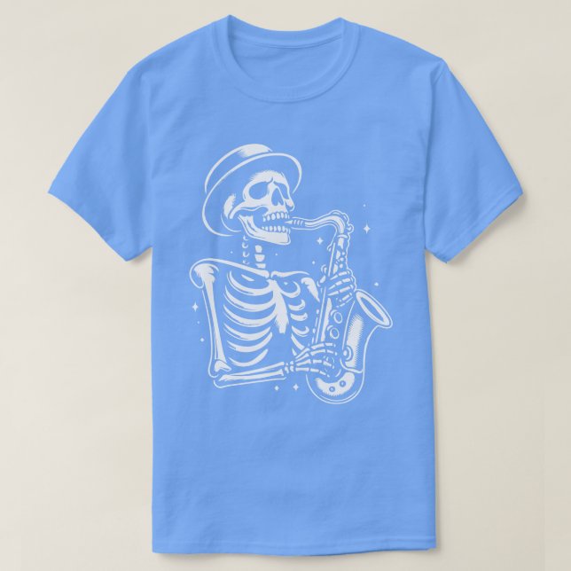 Camiseta esqueleto toca saxofone 2 (Frente do Design)