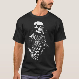 Camiseta esqueleto tocando saxofone