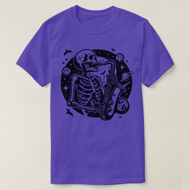 Camiseta esqueleto tocando saxofone 1 (Frente do Design)