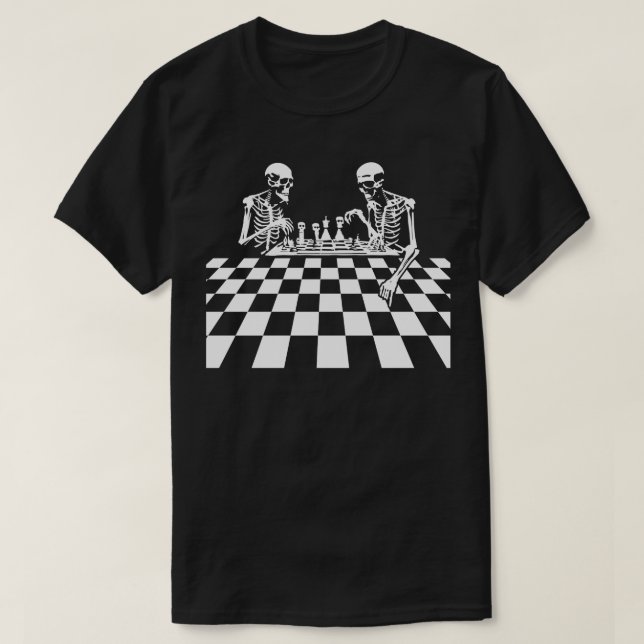 Camiseta esqueletos jogam xadrez 5 (Frente do Design)
