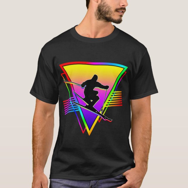 Camiseta Esqui de Arco-Íris Colorido Retro (Frente)