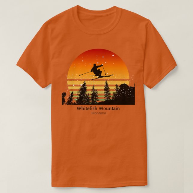 Camiseta Esqui Sunset na Montanha Whitefish MT com esquiado (Frente do Design)