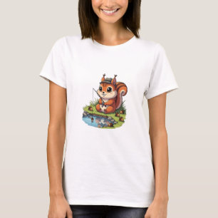 Camiseta Esquilo de desenho animado fofo de chapéu pescando