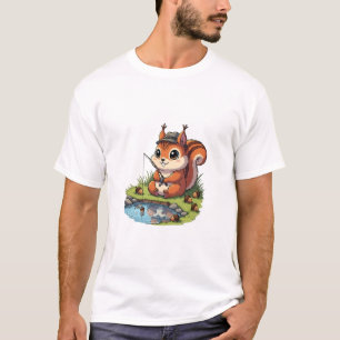 Camiseta Esquilo de desenho animado fofo de chapéu pescando