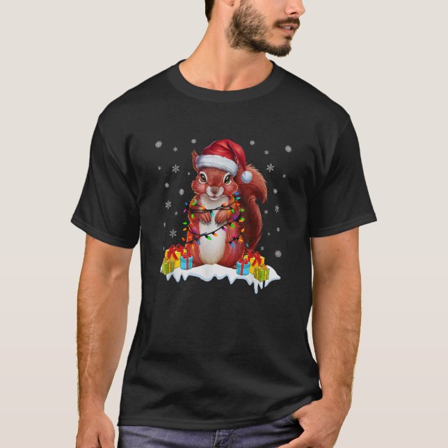 Camiseta Esquilo de Iluminação Xmas Vestindo Santa Hat Ugly (Frente)