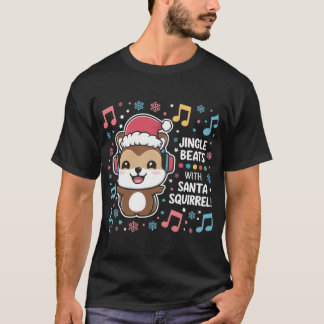 Camiseta Esquilo em Fones de ouvido e Santa Hat - Jingle Be