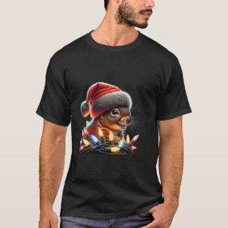 Camiseta Esquilo Engraçado Com Xmas Luzes Santa Hat Christm