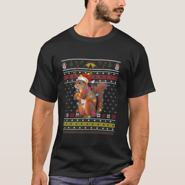Camiseta Esquilo Engraçado Feliz Natal Santa Hat Flocos de  (Frente)