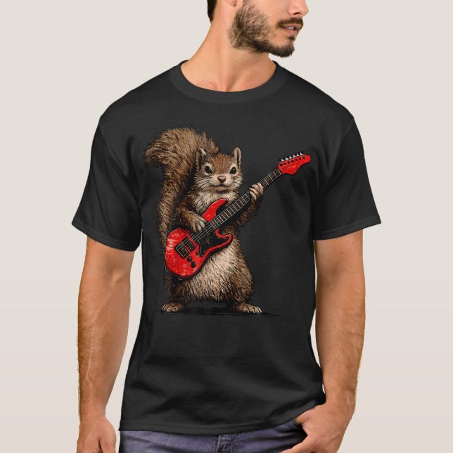 Camiseta Esquilo Engraçado Tocando Rock de Guitarra E (Frente)
