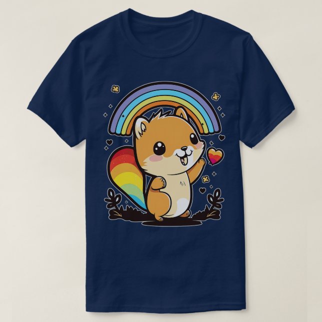 Camiseta Esquilo Kawaii Bonito Brincando Sob Cor Arco-Íris (Frente do Design)