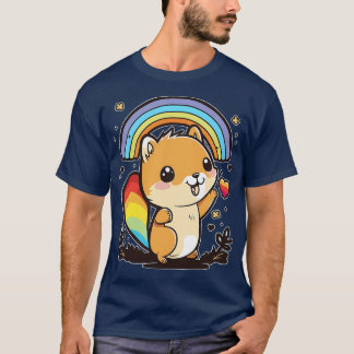 Camiseta Esquilo Kawaii Bonito Brincando Sob Cor Arco-Íris