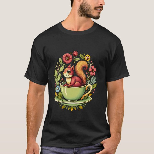 Camiseta Esquilo na Xícara de Café e Flores (Frente)