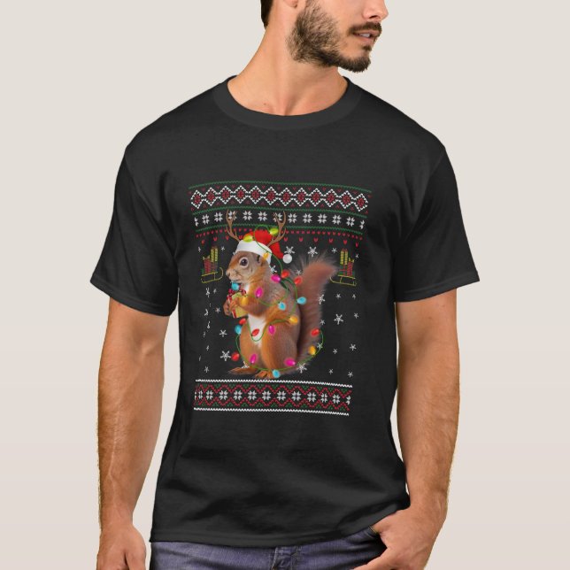 Camiseta Esquilo Ugly Funny Xmas Light Santa Hat Snowflake (Frente)
