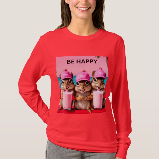 Camiseta Esquilos felizes com milkshakes de morango (Frente)