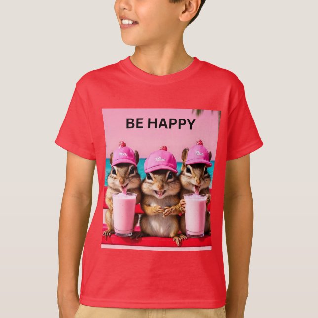 Camiseta esquilos felizes com milkshakes de morango (Frente)