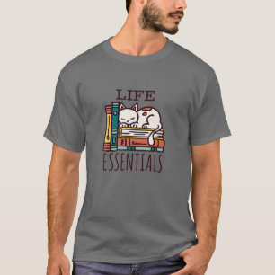 Camiseta Essenciais Da Vida, Livros E Gatos