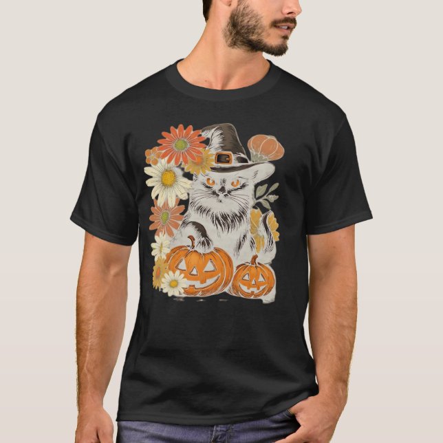 Camiseta essencial Boho Floral Fall Black Cat Hall (Frente)