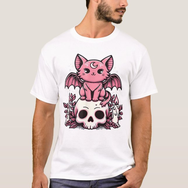 Camiseta Essencial de Gato Esqueleto de Halloween (Frente)