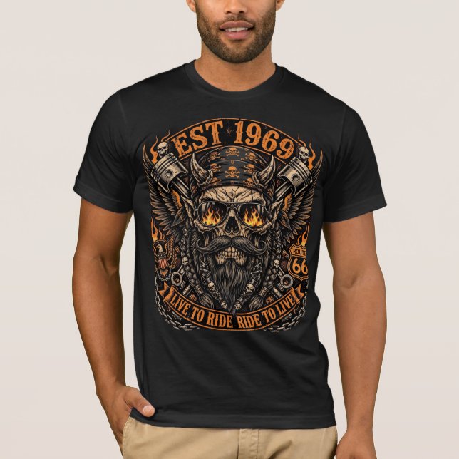 Camiseta Est 1969 Caveira Barbuda Motoqueiro (Frente)