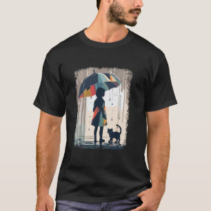 Camiseta Está Chuvendo Garota e Gato Bravo Com Guarda-Chuva