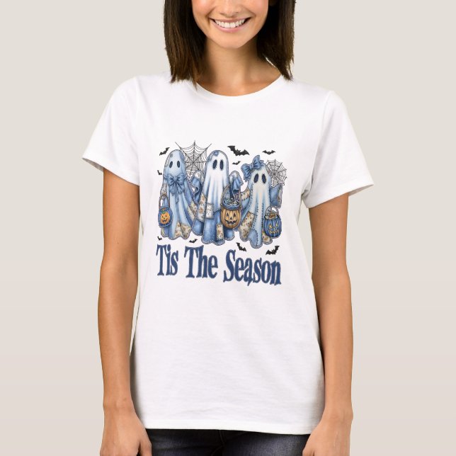 Camiseta Esta É A Época Blue Patchwork Ghost Pumpkin Spooky (Frente)