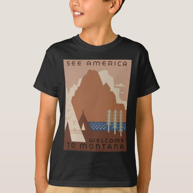 Camiseta Estado de Montana: Tribos Indianas, Montanhas, Pra (Frente)