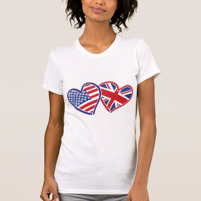 Camiseta Estados Unidos e Reino Unido Flag Hearts (Frente)