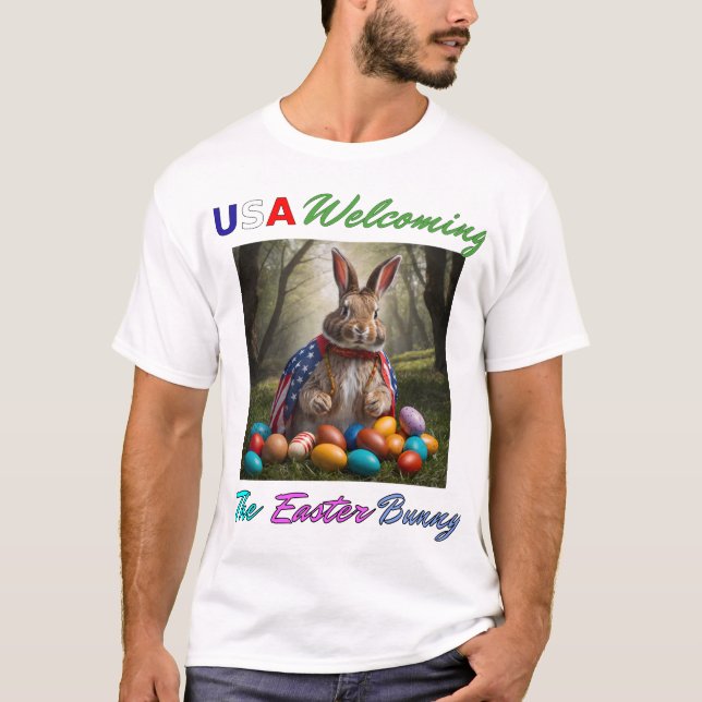 Camiseta Estados Unidos Saudando o Coelhinho da Páscoa (Frente)