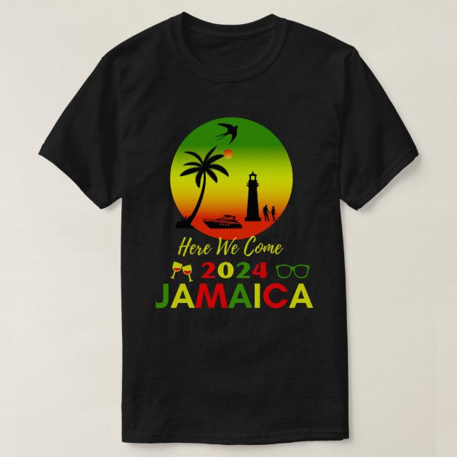 Camiseta Estamos aqui na Jamaica 2024 com bandeira jamaican (Frente do Design)