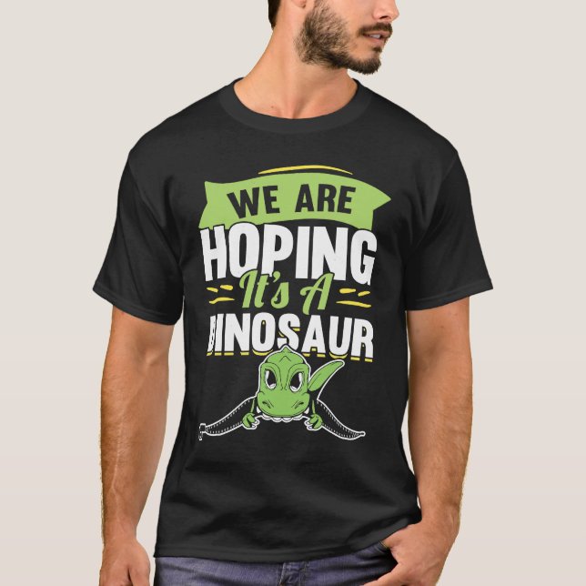 Camiseta Estamos Esperando um Anúncio de Gravidez de Dinoss (Frente)
