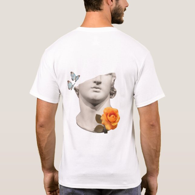 Camiseta Estátua Artística Moderna com Borboletas e Capuz (Verso)