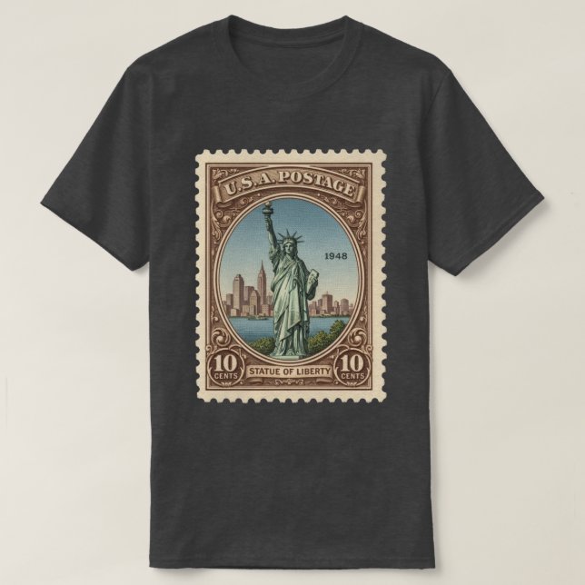 Camiseta Estátua da Liberdade de Selo Postal Antigo (Frente do Design)