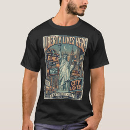 Camiseta Estátua da Liberdade Liberdade Vive Aqui Antigo NY