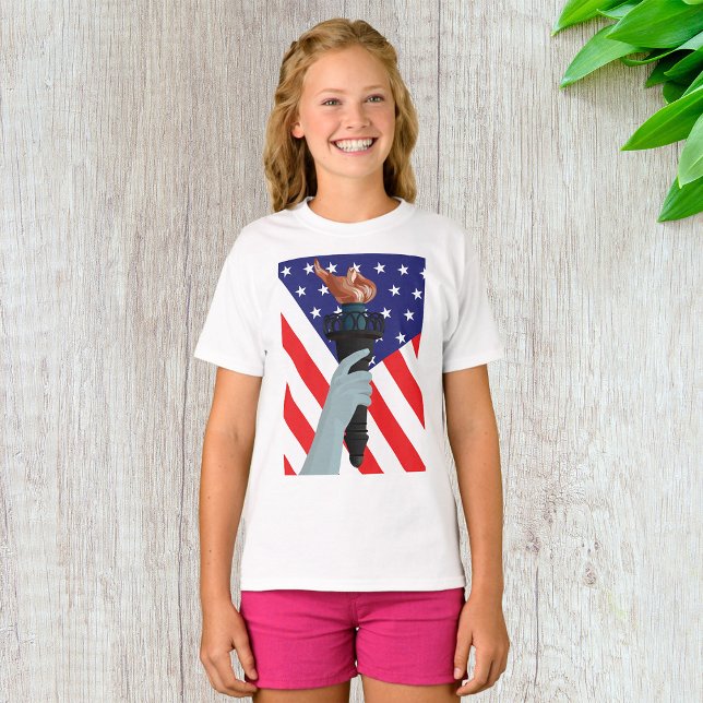 Camiseta Estátua da Tocha da Liberdade com Bandeira America (Criador carregado)